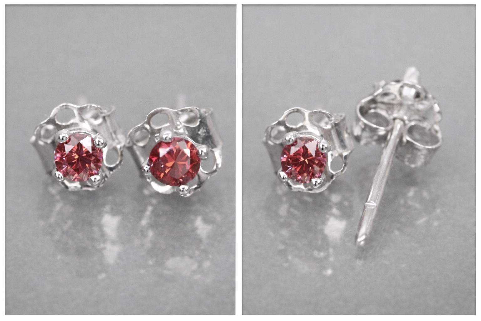 Extremely rare genuine pink red diamond gold earrings