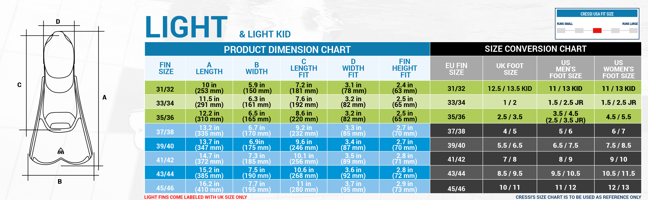 Cressi Light size chart
