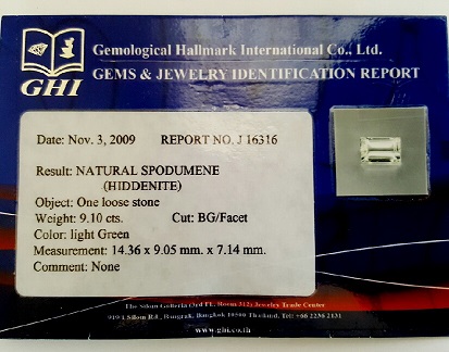 9.10 ct gran lujosa rara gema de hiddenita certificada - 2