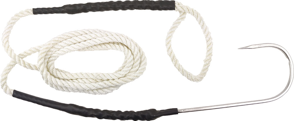 Large sturdy hook mounted on a strong rope, for securing large halibut instead of lifting them into the boat