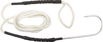 Large sturdy hook mounted on a strong rope, for securing large halibut instead of lifting them into the boat