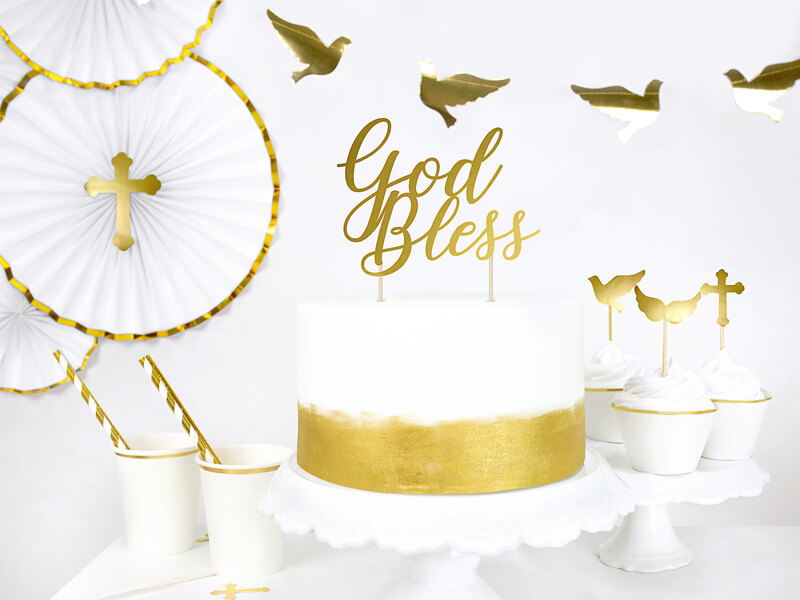 CAKE TOPPER | "God bless" | Guld 