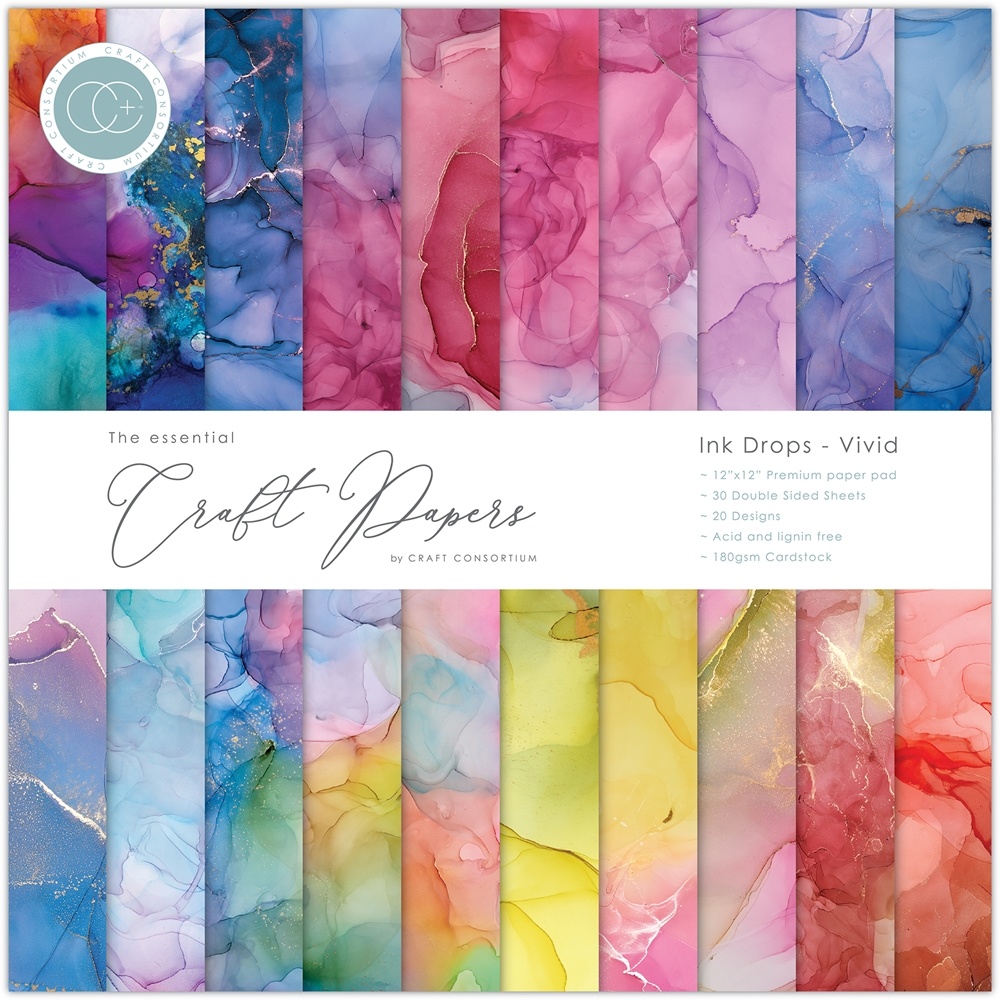 Ink Drops Vivid, 12x12" block, Essential Craft Papers,  Craft Consortium 