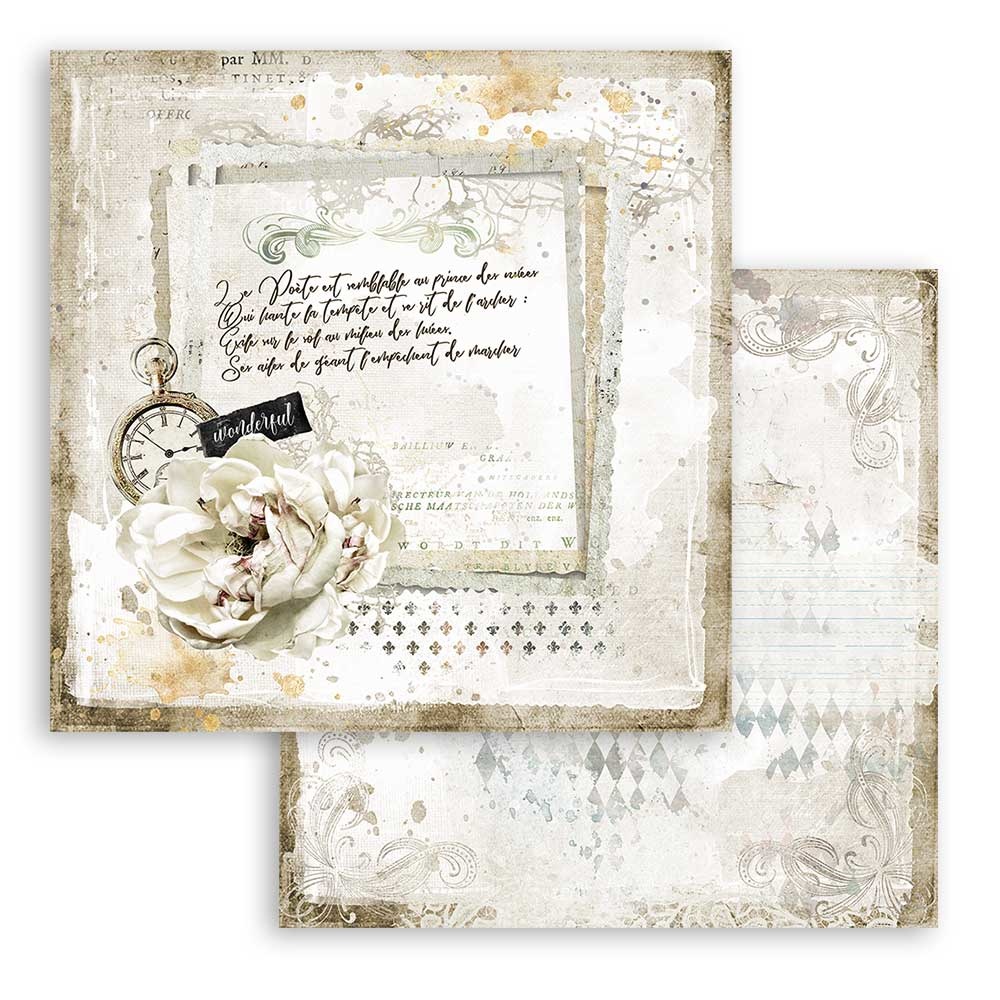 Romantic Journal Letter and Clock, 12"x12", dubbelsidigt, Stamperia
