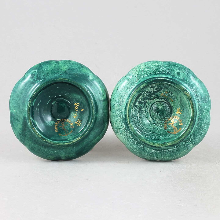 Josef Ekberg (1920s) Two Art Deco Candleholders with Green Luster Glaze 8 cm