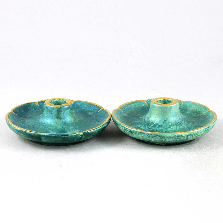 Josef Ekberg (1920s) Two Art Deco Candleholders with Green Luster Glaze 8 cm