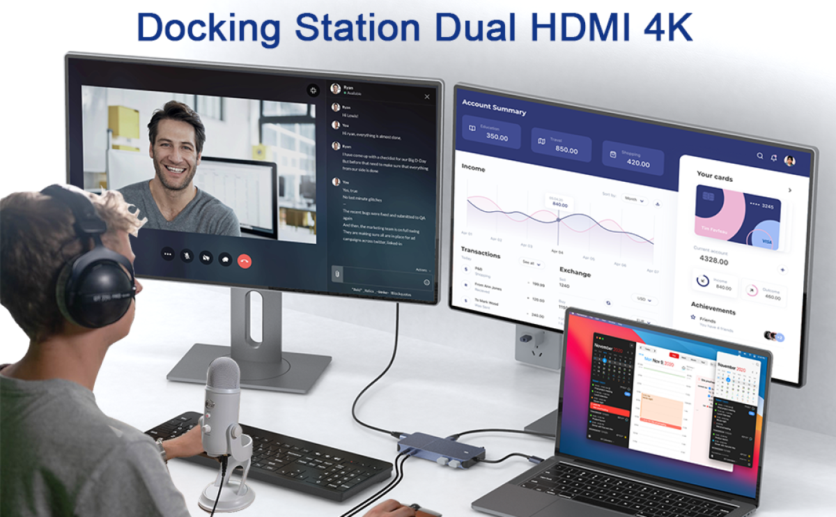  QGeeM Dockningsstation USB C, 11-i-1 4k60Hz, 3xskärm - 3