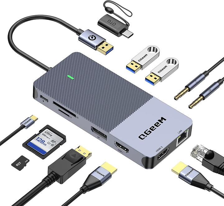  QGeeM Dockningsstation USB C, 11-i-1 4k60Hz, 3xskärm