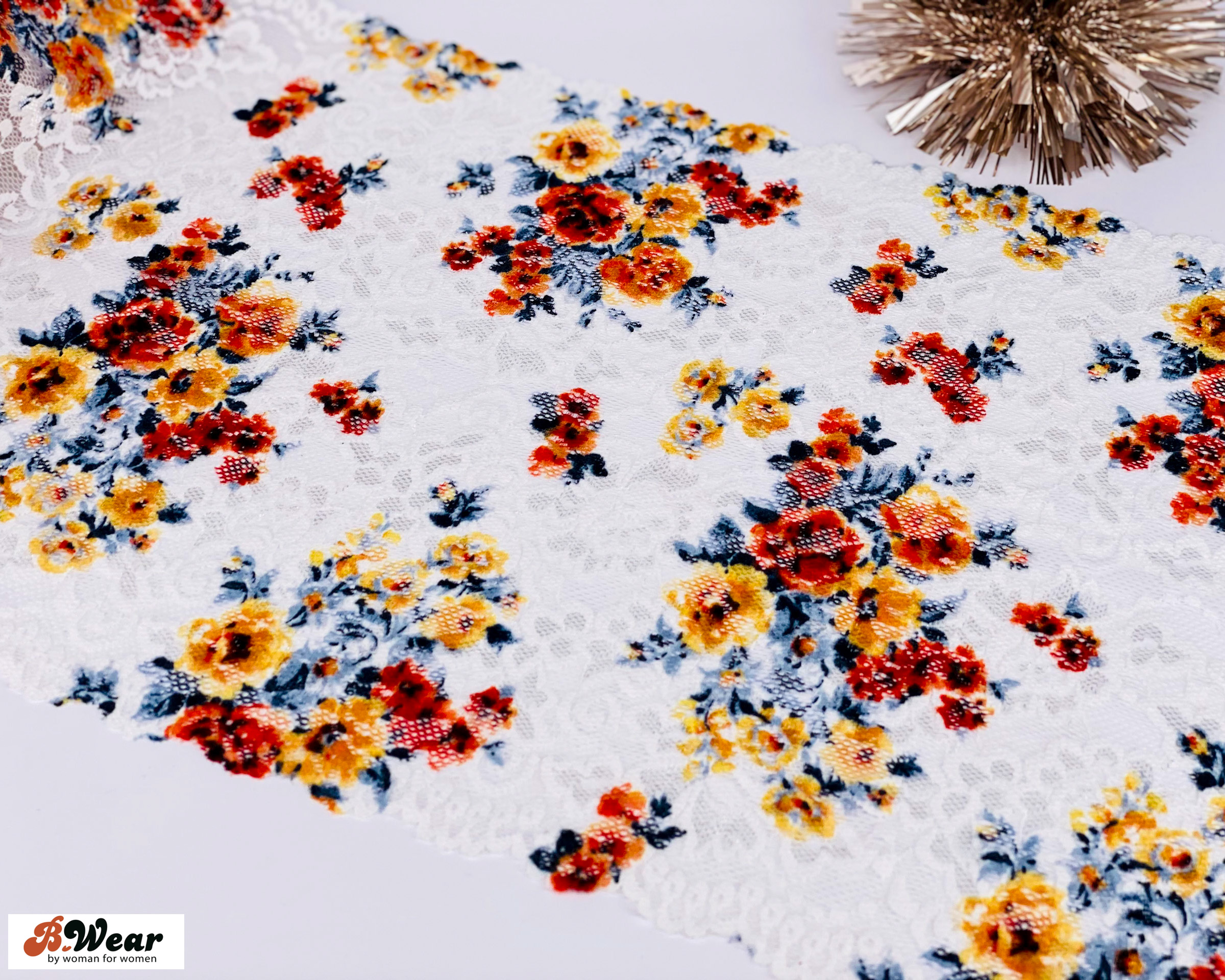White stretch lace with flowers in orange red - 29 cm
