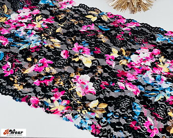 Black stretch lace with beautiful flowers - 27 cm