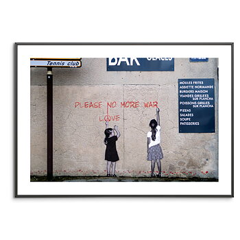 Poster, affisch, tavla, gatukonst, street art, graffiti, Banksy, please no more war, text, barn, flickor, skriver