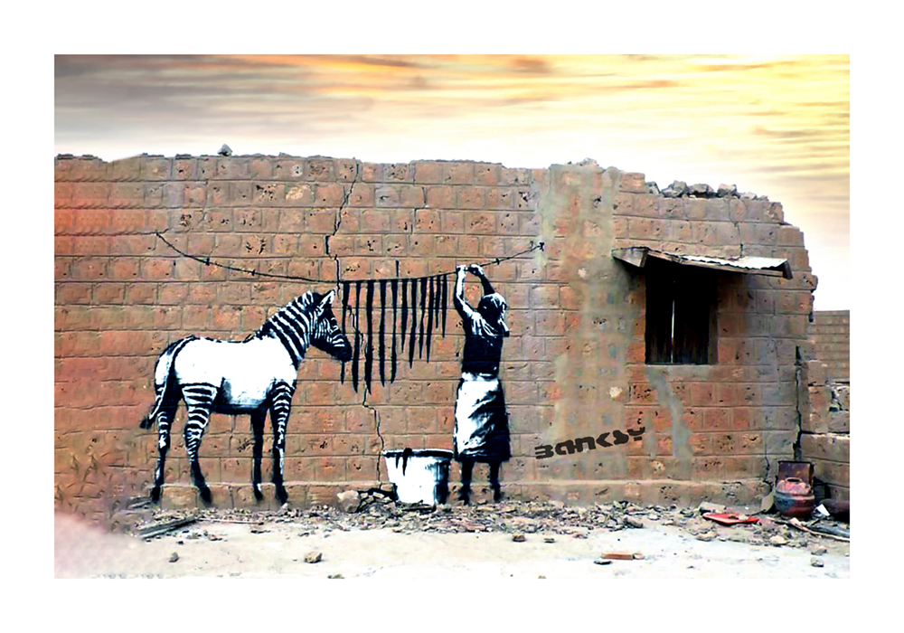 Poster - Tvätta Zebran (Washing Zebra) - Banksy Street-art - dinväggdekor.se