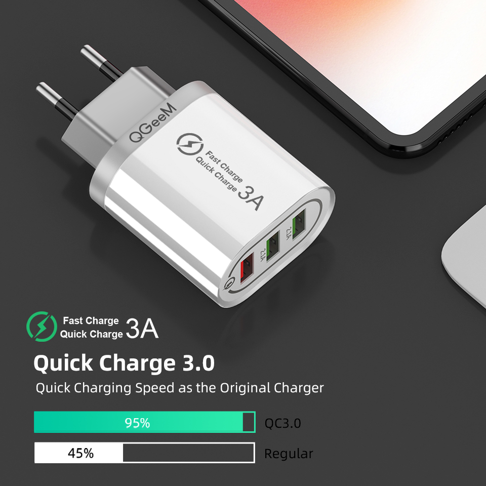  QGeeM Snabbladdare 1x QC3.0 3A + 2x 2.1A   - 3
