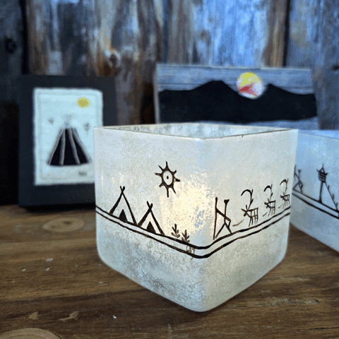 Candle lantern Snowy cube, Jokkmokk Sami design  Handmade, Mouth blown glass andmade pattern