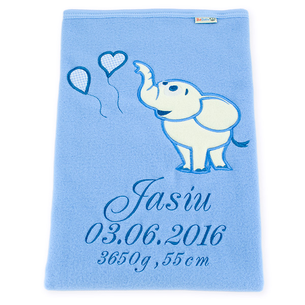 Large blanket with the child's name and elephant with balloons. Color: blue. - 3