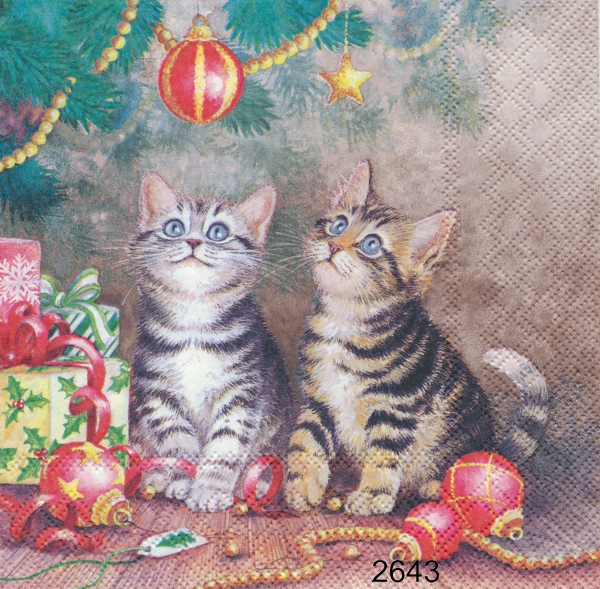 Kattungar med julprydnader