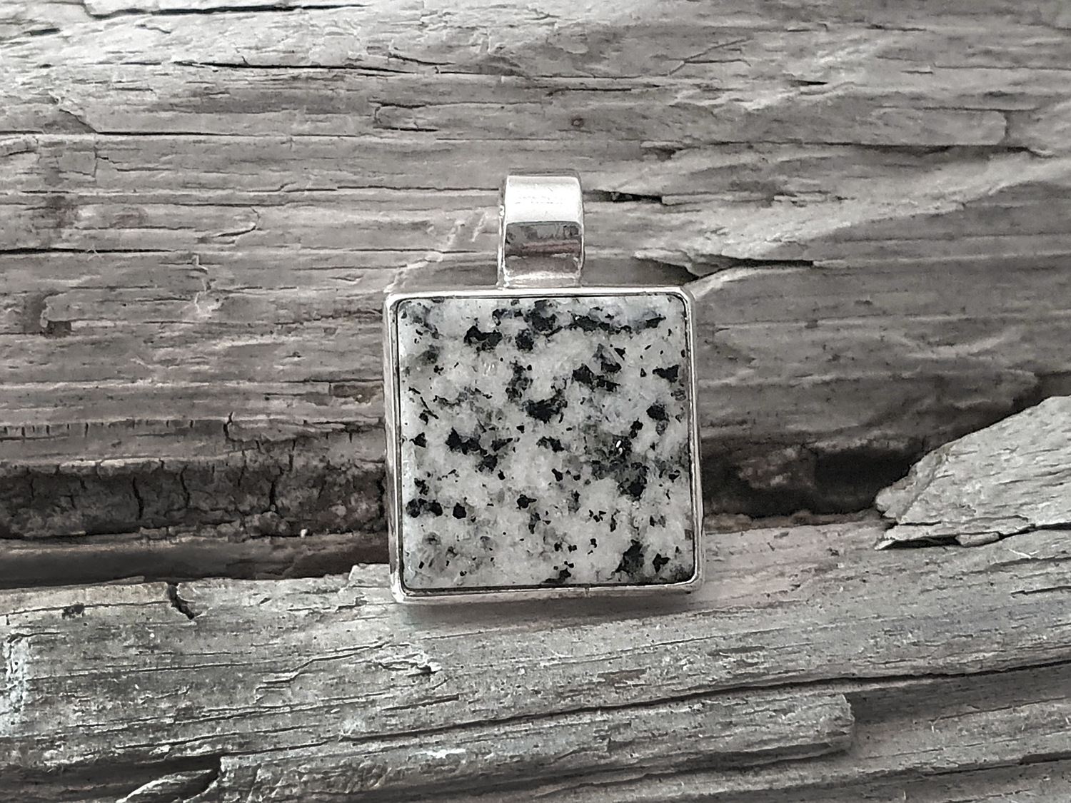 Granite pendant cab square flat 14mm sterling silver