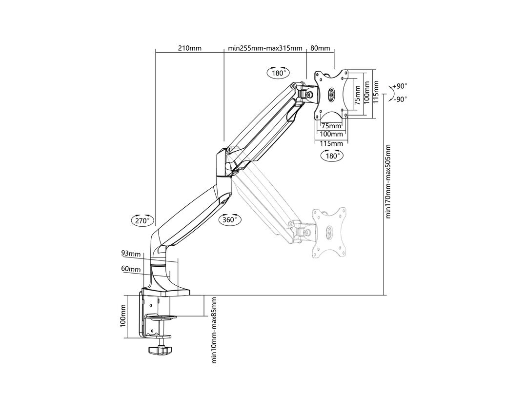 M Deskmount Gas Spring Single Black - 16