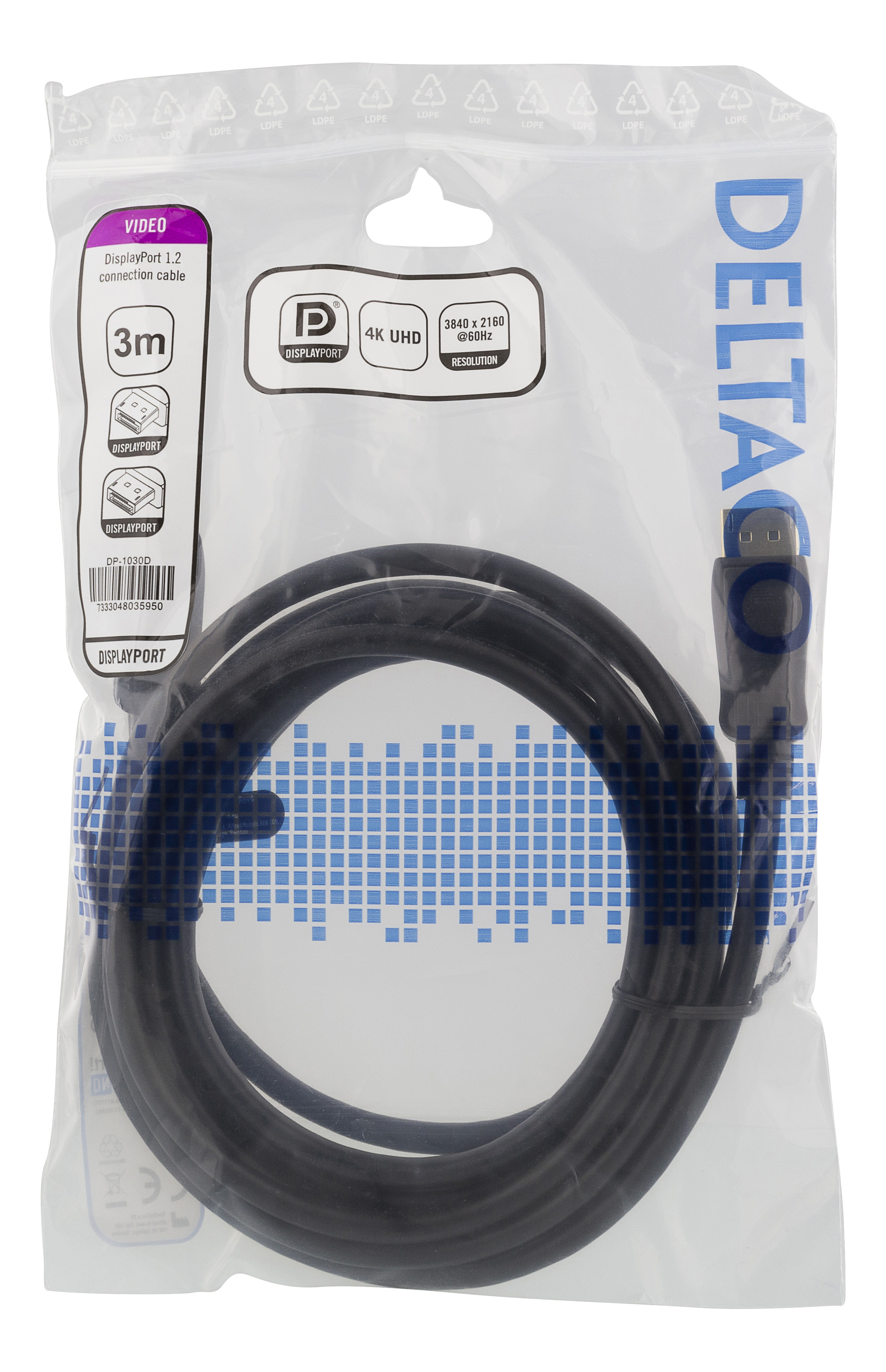 Deltaco DisplayPort 1.2-kabel, 3 m, 4K 60 Hz, svart - 2