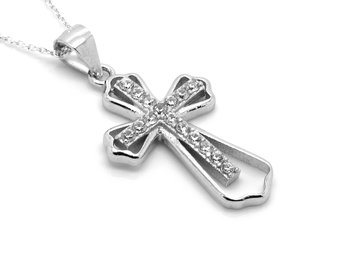 Cubic Zirconia Kors Halsband i Äkta 925 Silver, Kristendom Hänge, 16 CZ Korssmycke
