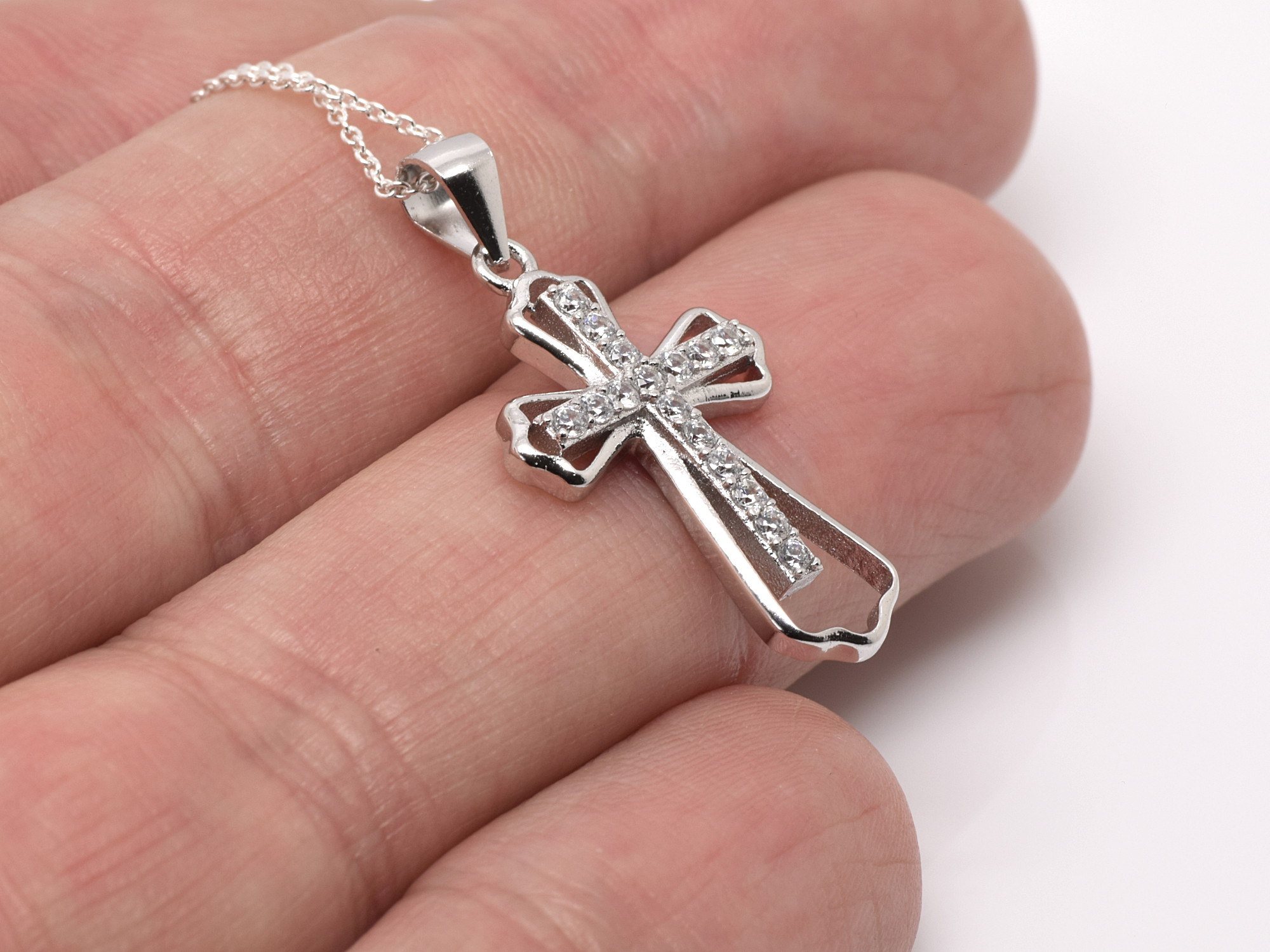 Cubic Zirconia Kors Halsband i Äkta 925 Silver, Kristendom Hänge, 16 CZ Korssmycke - 4
