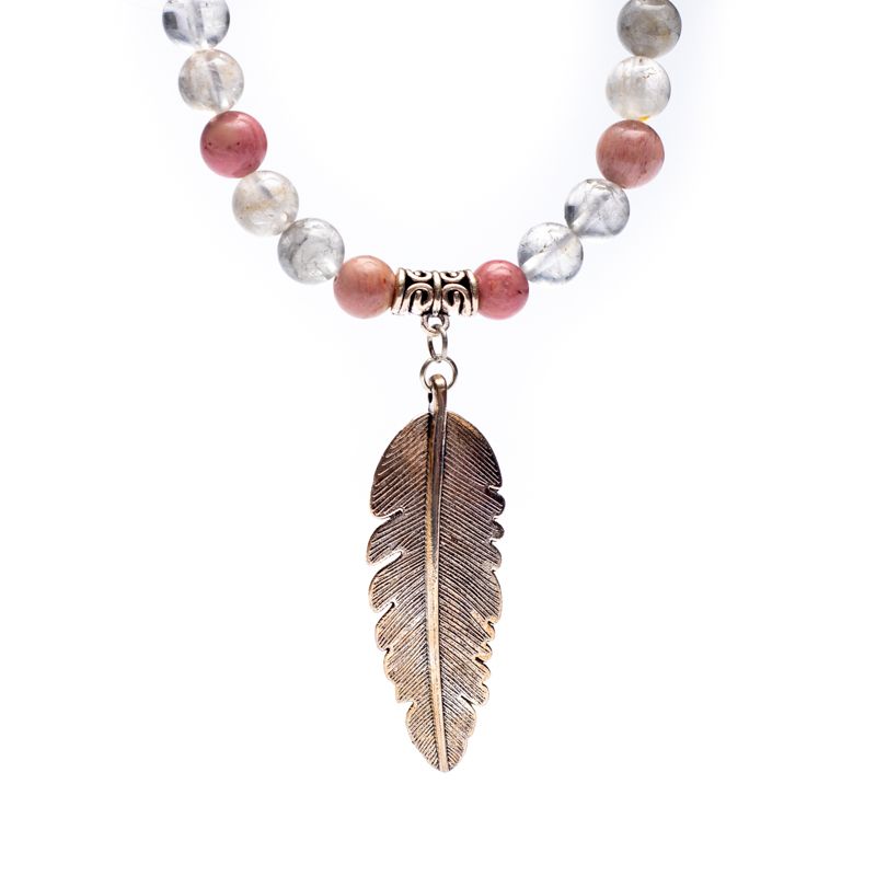 Mala Rhodonite/ Grey Quartz + Feather - 2