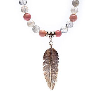 Mala Rhodonite/ Grey Quartz + Feather
