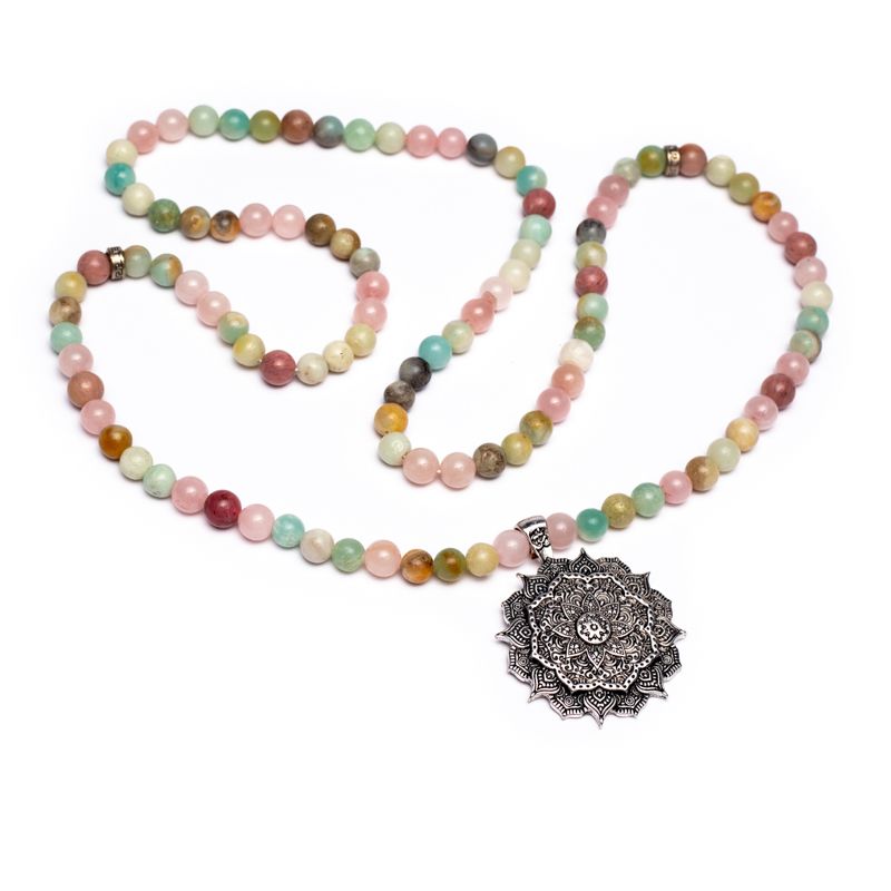 Mala Rose Quartz/ Amazonite/ Rhodonite + Lotus - 3