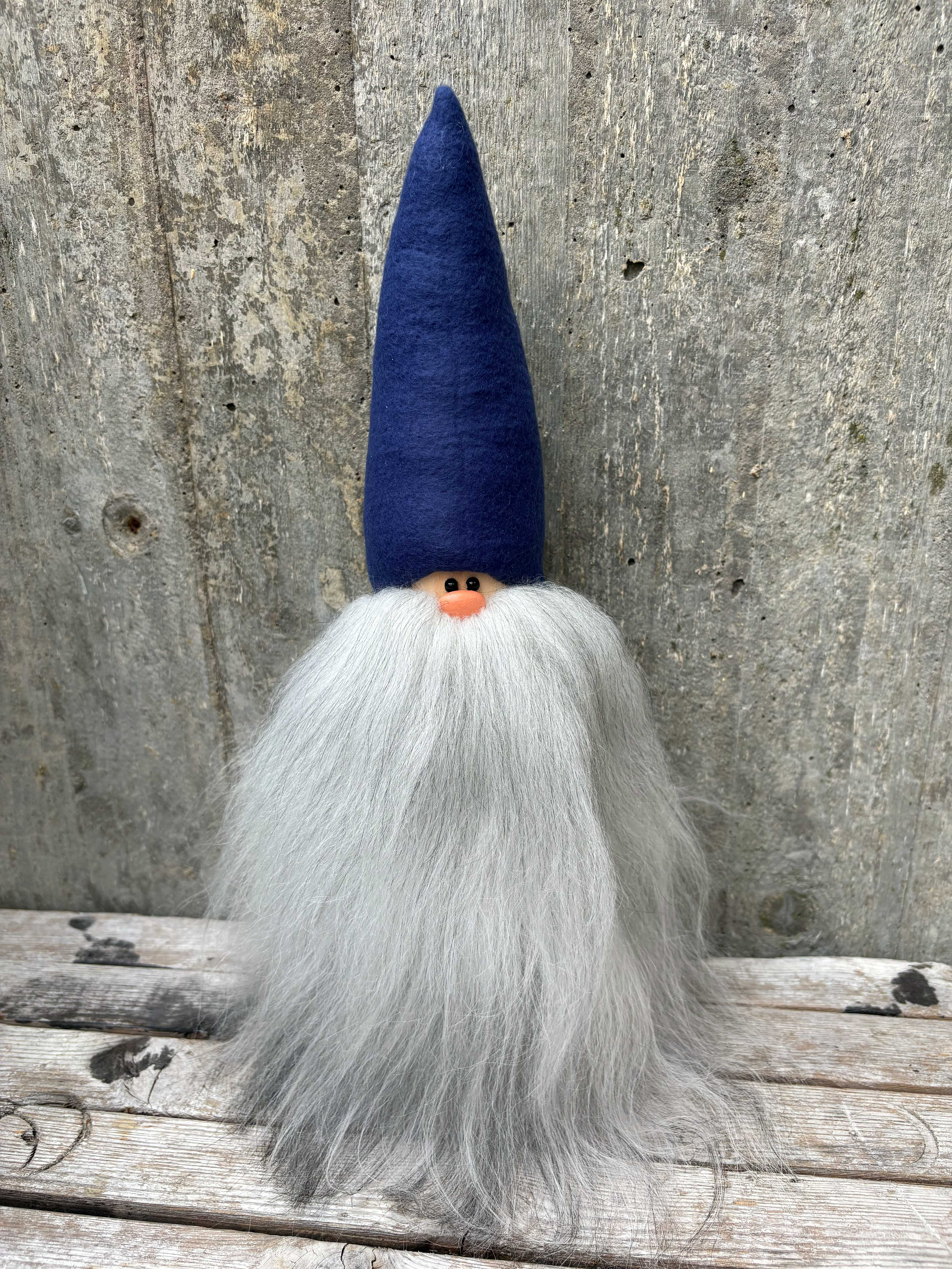 Handgjord Jätteskäggtomte ca 45 cm Årets Färg-mössa True Blue Ljusgrått Skägg Islandsfår