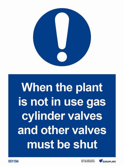 IMO-skylt "When plant is not in use gas cylinder valves and other valves must be shut" - IMPA 33.5873