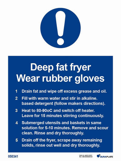 IMO-skylt "Deep fat fryer cleaning instructions wear rubber gloves" - IMPA 33.5762