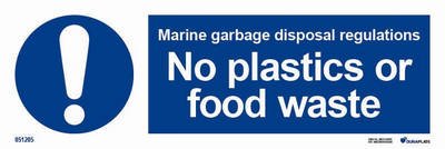 IMO-skylt "Marine garbage disposal regulations - no plastics or food waste" - IMPA 33.5692