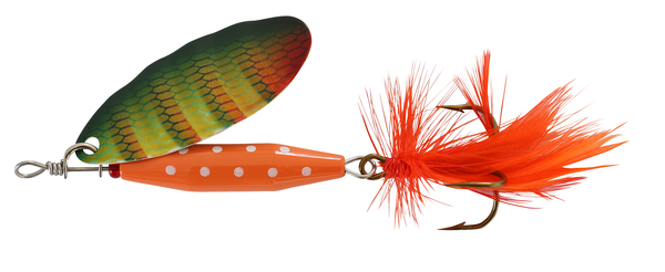 reflex red är En av de mest klassiska spinnarna genom historien. Tillverkade av ABU Garcia. 18g med abborrfärgad sked