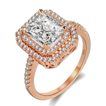 Ring "Princess Cut" med många små  vita och en stor vit Cubic Zirconia samt i 18K Roséguldplätering