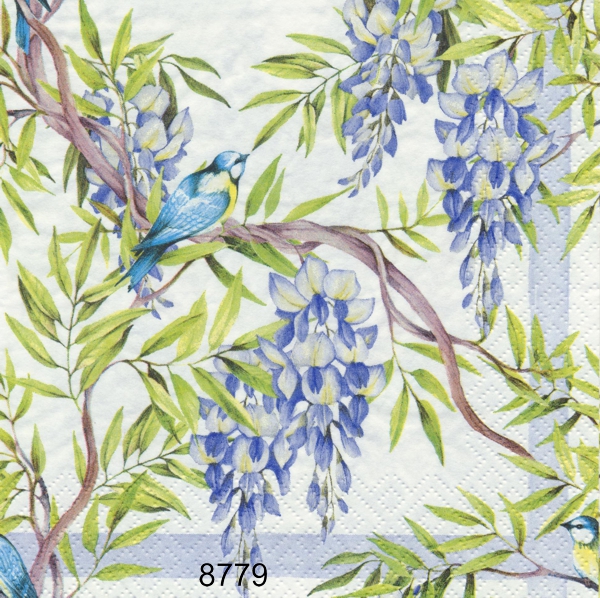 Liten fågel med blå blomhängen