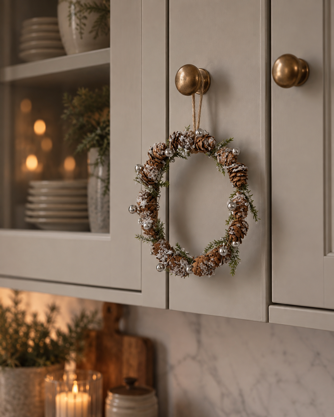 Wreath Pine Cones/Beads and Snow/Frost - Ø13 cm