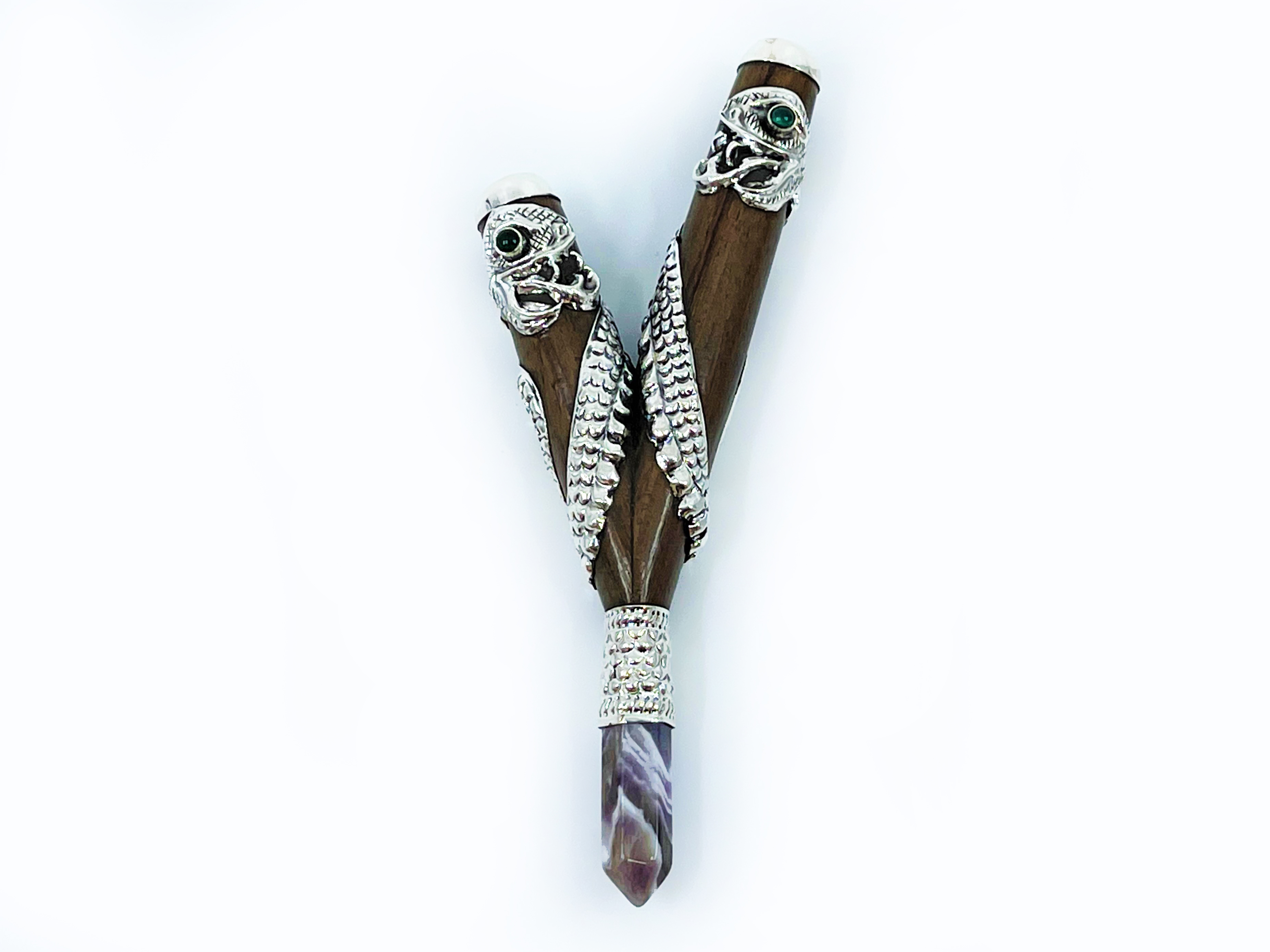 Silver Serpent Kuripe - Teak, Silver & Precious stones - 13