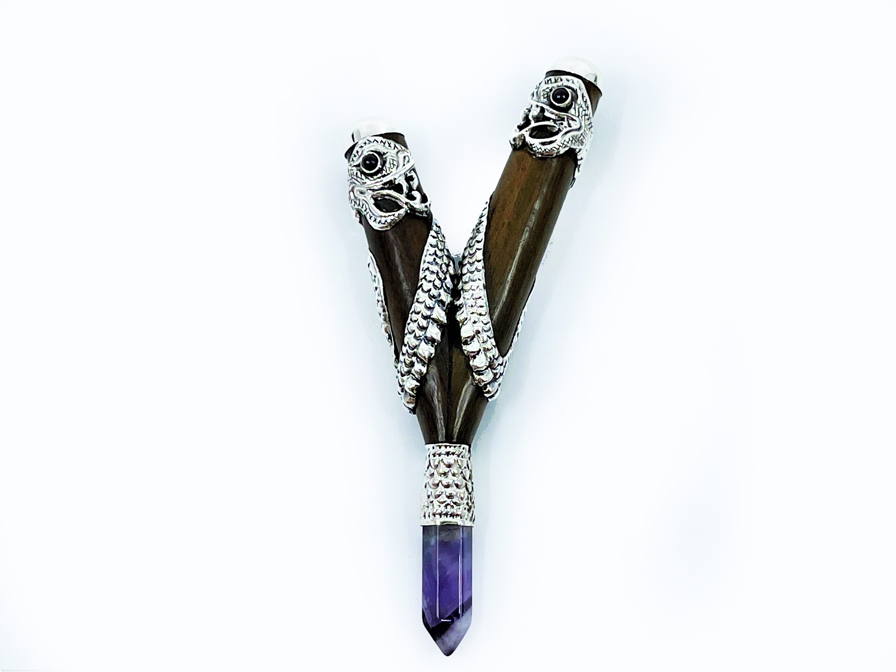 Silver Serpent Kuripe - Teak, Silver & Precious stones - 14
