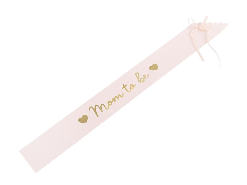 Mom To Be sash i ljusrosa med guldtext till babyshower.
