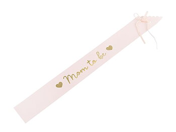 Mom To Be sash i ljusrosa med guldtext till babyshower.