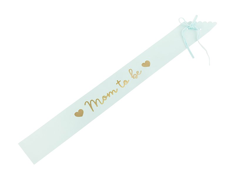 Mom To Be sash i ljusblå med guldtext till babyshower.