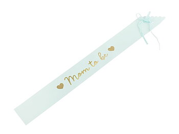 Mom To Be sash i ljusblå med guldtext till babyshower.