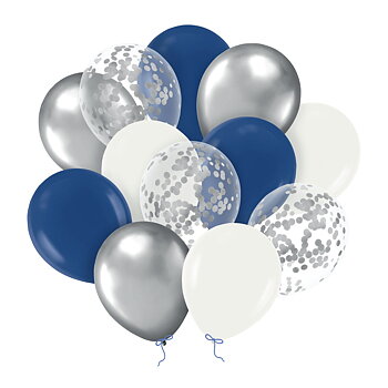 Ballongmix marinblå vit och silver med konfetti 30 cm 12-pack