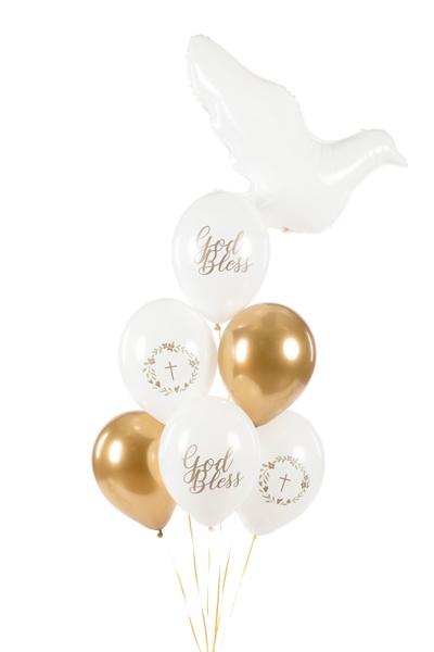Ballongbukett med God Bless latexballonger i vitt och guld till dop, babyshower och namngivning