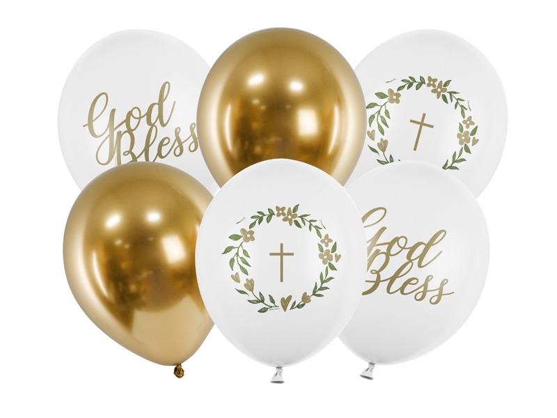 Latexballonger God Bless vit och guld 6-pack 30 cm för dop, babyshower och namngivning