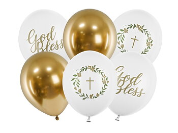 Latexballonger God Bless vit och guld 6-pack 30 cm för dop, babyshower och namngivning