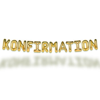 Konfirmation girlang i guld med folieballonger som formar ordet Konfirmation