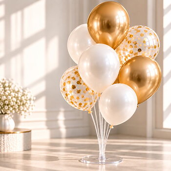 Ballongställ för 7 ballonger utan helium med guld- och vita ballonger