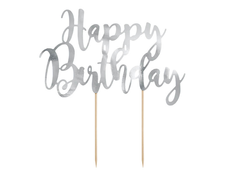 Tårtdekoration Happy Birthday metallic silver - 3