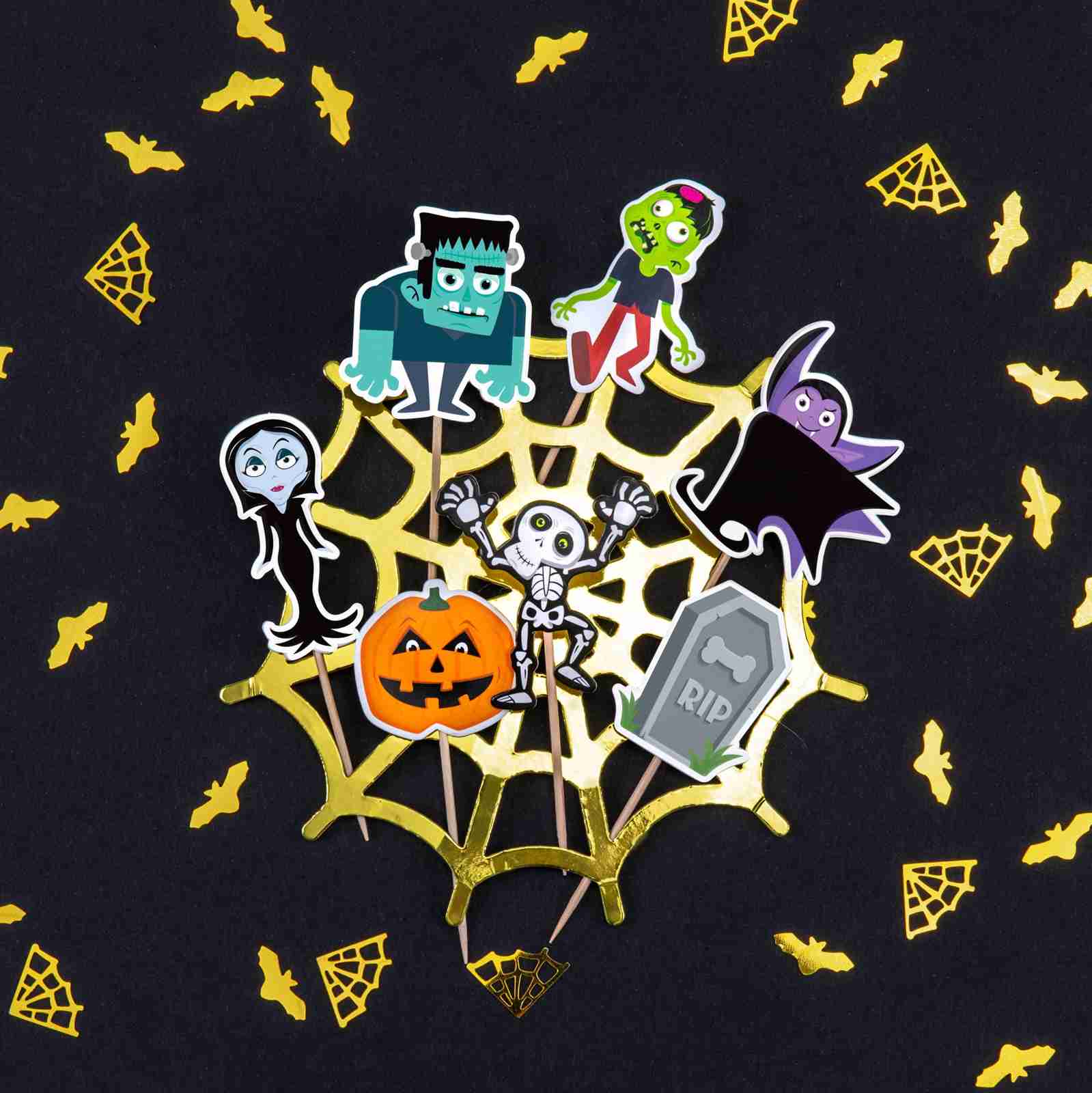 Halloween Monsters cake toppers dekorerar cupcakes och bakverk på Halloweenkalas med färgglada monsterfigurer